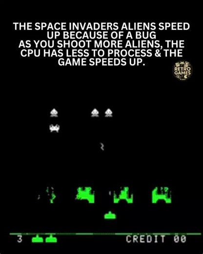 Retro Game Vibez on Instagram: "👾 Did you know? Space Invaders didn’t speed up to make the game harder… it sped up because the hardware was struggling. 💀 The fewer aliens on screen, the less work the CPU had to do — so the game accidentally got faster and faster. That iconic “difficulty curve” wasn’t game design… it was a glitch that became a feature. 🚀 #SpaceInvaders #RetroGaming #GamingHistory RetroGamesVibez ClassicGaming GamingNostalgia ArcadeGames OldSchoolGaming FunGamingFacts GamersOfI
