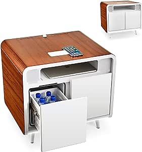 Sobro Smart Side/Nightstand Table - with Cooling Drawer, Wireless Charging, Bluetooth Speakers, USB-C and 120V outlets, LED Light, Wood/White