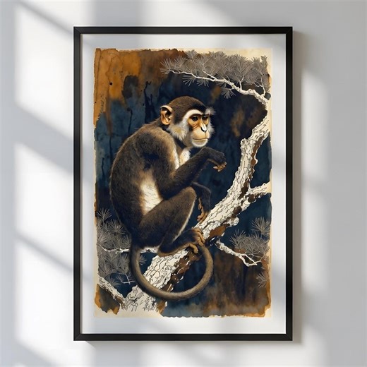 Monkey Chinese Zodiac Art Print – Year of the Monkey Ukiyo-e Style Digital Download, Clever Monkey on Pine Branch Poster - Etsy