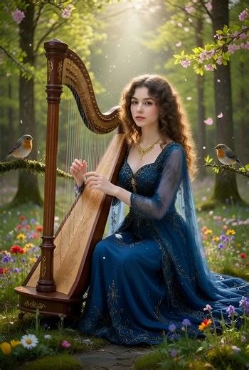 A young woman playing a classical wooden harp in a luminous spring forest.