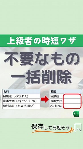 katu_excel←他の時短術はここ😃 ()の中を1行ずつ消してませんか？ これ一度で消せます！ 今日は「不要なものを一括削除する方法を」を紹介しました。 【解説】 ⚫︎Ctrl＋Aで全選択 ⚫︎Ctrl＋Hで検索と置換を開く ⚫︎検索する文字列に(＊と入力 ⚫︎ポップアップが出るのでOKを押す 質問はコメントやDMで！ ---------------------------------------- かつ｜Excel歴20年が教えるカンタン時短術 ・エクセル術で定時帰宅→好きな事をする ▶︎早く帰って自由な時間を過ごしませんか フォローはこちらか ▶︎▶︎▶︎@katu_excel #Excel#エクセル#エクセル初心者#VLOOKUP#エクセル関数#エクセルカレンダー#()の中を消す ----------------------------------------
