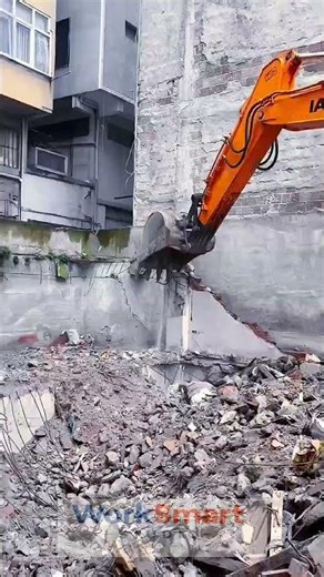 Wall Demolition by Excavator Operator : Breaking and Crushing Destruction Process