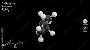 Molecule of 1-Butene (C4H8) is a colorless, flammable gas. It is used as a building block in the production of polyethylene and synthetic rubber. Black background. 3D rendering. Seamless loop