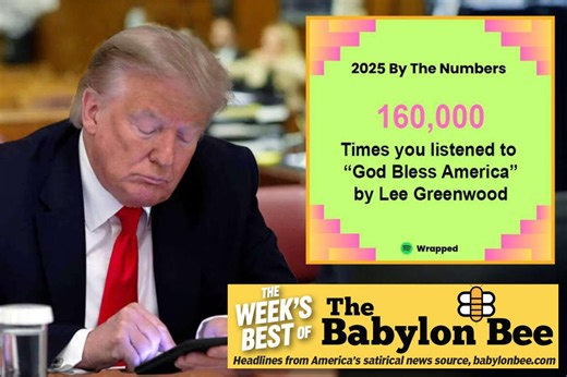 Best of the Babylon Bee: Trump’s Spotify Wrapped reveals he listened to ‘God Bless The USA’ 160K times