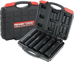 1/2 Inch Drive Extended Length Impact Socket Set, 6 Sizes Extra Deep Socket Set - Hex 3/4", 7/8", 15/16", 1-1/16", 1-1/8", 1-1/4" for High Torque Use with Case with Case
