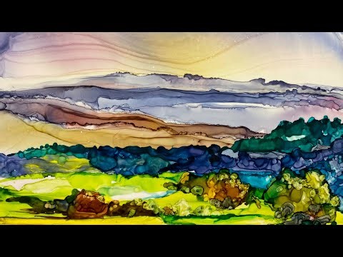 real time ALCOHOL INK Landscape Painting on 8 x 12 inch tile