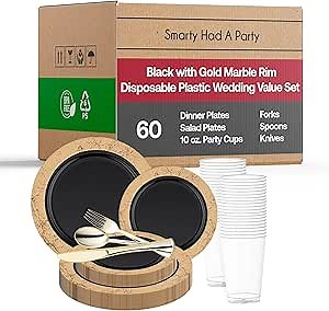 Smarty Had A Party 10.25" Dinner Plates (Black with Gold, Wedding Value Set (60 Guests))
