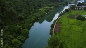 Li River in Yangshuo Valley in China, Beautiful Nature Scene - Aerial