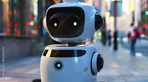 Smart robot android courier smiles and blinks his eyes in the city on the sidewalk. Delivery robot from the future