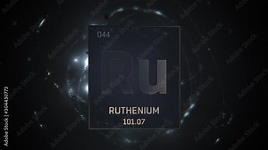 Ruthenium as Element 44 of the Periodic Table. Seamlessly looping 3D animation on silver illuminated atom design background with orbiting electrons. Design shows name, atomic weight and element number