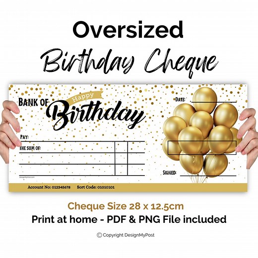 Blank Birthday Cheque Gifting Check Template. Printable Pretend Oversized Cheque. Print at Home Money Present. Faux Gift Cheque. - Etsy