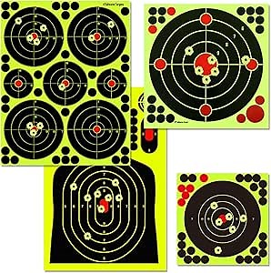 Splatter Shooting Targets Stickers, 20PCS & 4 Styles Adhesive Reactive Target Paper with Yellow Splatter Impact for BB Pellet Airsoft Guns Silhouette Targets Bull's-Eye Target