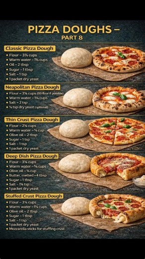 Classic Pizza Dough Best for: Regular hand-tossed pizza Ingredients All-purpose flour: 3½ cups Warm water: 1¼ cups Oil: 2 tbsp Sugar: 1 tbsp Salt: 1 tsp Dry yeast: 2¼ tsp (1 packet) Method 1. Mix warm water, sugar, and yeast. Rest 5–10 min until foamy. 2. Add flour, salt, and oil. 3. Knead 8–10 min until smooth and elastic. 4. Cover and rise 1–1½ hours (double in size). 5. Punch down, shape, rest 10 min, ready to use. 2️⃣ Neapolitan Pizza Dough Best for: Soft, airy crust (wood-fired style) Ingre