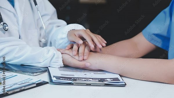 doctor holding a patient's hands to comfort and reassure them during a medical checkup at the hospital. Respect, help, trust, support in healthcare, holding hands for Comfort and encouragement.
