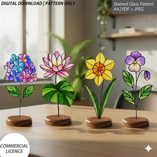 Flower Stained Glass Pattern Set – 4 Patterns – A4 Printable PDF/JPEG - Etsy