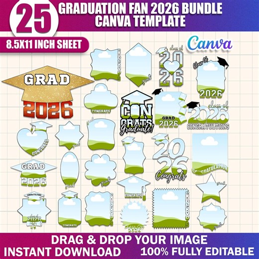 25x Graduation Fan 2026 Template Bundle | Custom Grad Fan Paddle | Canva Editable Graduation Fan | Class of 2026 Photo Fan, Grad Hand Fan - Etsy