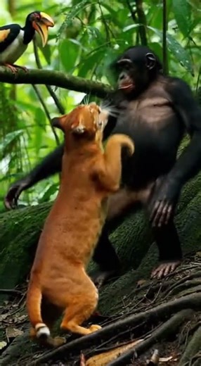 African Golden Cat vs Bonobo on the a liana-draped ridge with drumming hornbills