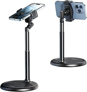 Cell Phone Stand for Recording, Height Adjustable Filming Phone Holder for Desk, 360 Degree Rotation Clamp Phone Stand, Compatible with iPhone, Suamsung, and Other 4-7 Inches Devices (Black)