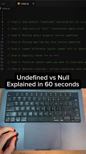 Evgeny Aleksandrov • AI-Agents • Solo-developer on Instagram: "Comment “NULL” to get code! undefined vs null is one of the most confusing JavaScript topics - and it shows up in interviews all the time. Most developers know the syntax, but fail to explain when and why each one exists. If you truly understand this difference, your JS fundamentals are already strong. Watch this if you want to stop guessing and start explaining JavaScript with confidence."