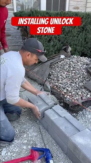 Installing Unilock stone retaining wall. #pavers #unilock #retainingwall #frontyard #patio #shorts