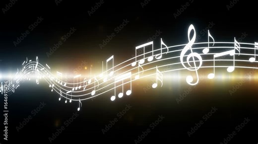 Musical notes flow in glowing wave with bright light creating lively concert rhythm and crowd energy feeling music glow and wave