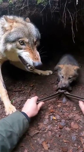 Wolf pup’s leg caught in spring clamp inside den