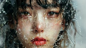 Captivating close-up of a young woman’s face with raindrops creating an artistic overlay in a natural setting