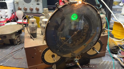 Next on the bench is this 9s232 Zenith Walton chassis. It was apparent that it had been sitting for a long time with the condition of the chassis. Power cord was cut, the on/off/local switch was disconnected, and there was an internal coil in which all of the wires had come off the posts. After addressing all of these issues, I replaced 100% of the capacitors and the radio is playing very well. The speaker is not original to the radio, but seems to work fine, and the rectifier tube was modified 