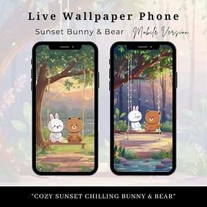 Live Wallpaper - Cozy Sunset Bunny & Bear Animated Phone Wallpaper (digital Download) - Etsy