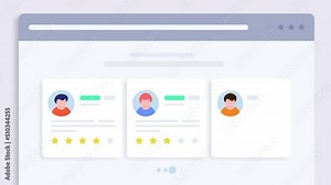 Customer review and rating on web page, client testimonial on website, business communication and digital marketing conceptual 2d animation 4k video clip.