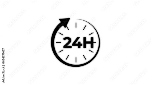 24 hours clock or time icon animation with white background. Animated twenty four hour clock concept displaying 24 hour availability and service.4k video