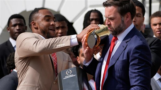 JD Vance fumbles Ohio State national championship trophy during team's ceremony at White House