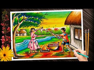 Super Holi drawing 2021. Holi special village scenery drawing. Holi celebration in village drawing.