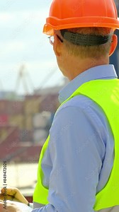 Vertical shot Sea port cargo ship technology. Attentive mature taskmaster in hardhat works on tablet computer checking freight loading in modern dockyard