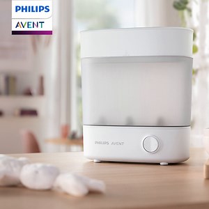 It's here! The new Advanced Electric Steriliser is simpler, more convenient, and more advanced. Use any of the three size set-ups according to your needs. Sterilise in 10 minutes. Kills 99.9% of harmful germs and bacteria. Easy to clean. | Philips Avent