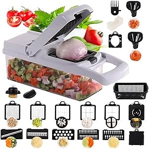 INNOVATIVE VEGETABLE PLUS Vegetable Chopper - Spiralizer Vegetable Slicer - Multifunctional Onion Chopper with Container - Pro Food Chopper - Slicer Dicer Cutter - (12 in 1, White)