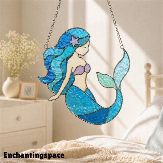 Mermaid Stained Glass for Window Hanging, Ocean Fantasy Suncatcher Decor, Coastal Home Wall Accent - Etsy