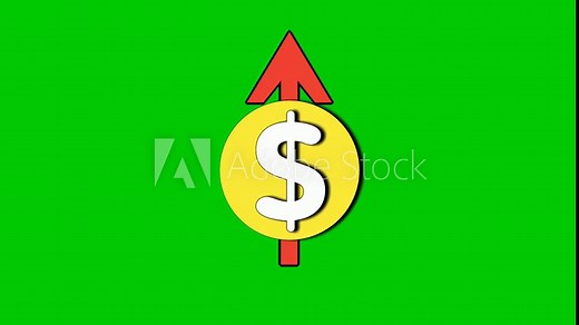 Cartoon dollar money sign symbol with up arrow animation on green screen.Bull market or good economy business concept