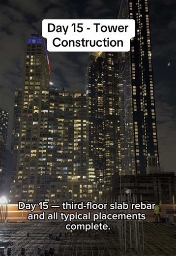 Day 15 - third-floor slab rebar and all typical placements complete. Winter enclosures and heating systems are set up for cold-weather concrete operations. Stay tuned for the upcoming tower crane erection and the concrete placing boom. Follow to watch this 38-story tower rise. #skyscraper #construction #tower #building #highrise #constructionlife