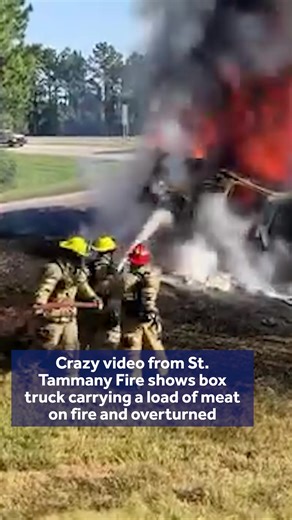 14K views · 75 reactions | Wild video shows St. Tammany fire responding after a box truck carrying a load of meat on I-12 Westbound exit to I-59 caught fire and overturned. | WDSU News | Facebook