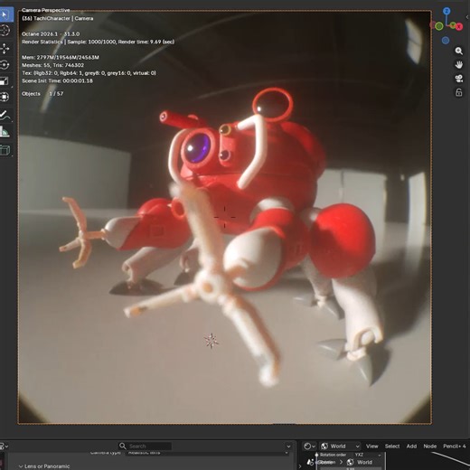 Realistic Lens in action 👁️ This is OctaneRender’s Realistic Lens running in Octane for Blender 2026.1 (add-on version) — showcased on a photorealistic Tachikoma. Real optical distortion, vignetting, softness, and all the subtle imperfections you’d expect from a real lens. No post tricks. No fake distortion. Just physically-based optics, straight from the camera model. Seeing an iconic anime design like Tachikoma through a realistic lens model is where CGI stops looking “perfect” and starts to 