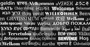 Loop animation of Sliding "Welcome" Greeting Messages in World Different Written Languages, White Texts on World Map Black Background for Digital Display Travel Welcoming Board