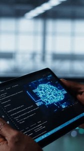 Vertical video Programmer in data center using AI tech on tablet, testing equipment failover scenarios. Server farm IT specialist uses artificial intelligence on device, ensuring data accessibility