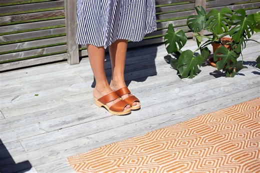 Cognac Leather Clog Sandals: Swedish Wooden Mules, Two Strap Design - Etsy