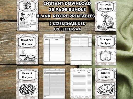 Recipe Book Printable, Blank Recipe Page Downloads for Cookbook Recipe Binder - Etsy