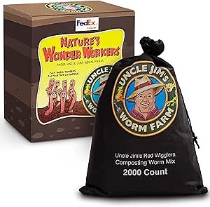 Uncle Jim's Worm Farm 2000 Count Red Wiggler Composting Worms Mix for Garden Soil or Fishing | Starter Pack of Compost Worms Improves Soil Structure and Quality for Healthier Gardens