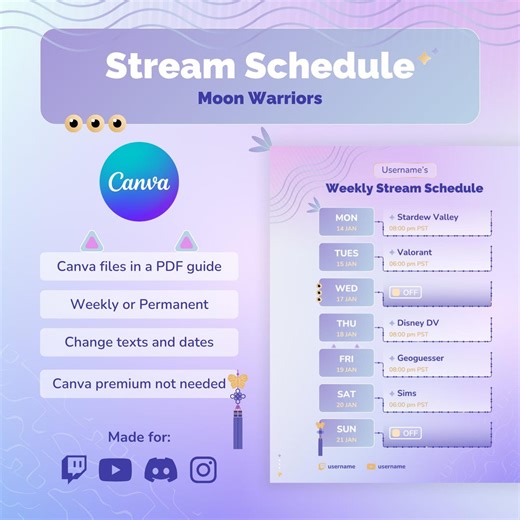 Kpop Stream Schedule Template: Moon Warriors Design (canva Editable, Digital Download) - Etsy
