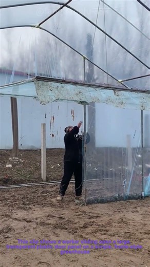 Worker Sliding Open a Plastic Greenhouse Door