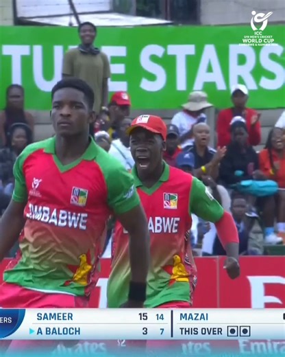 Panashe Mazai brings the first wicket for Zimbabwe as the fightback is on from the hosts 💪 Watch the #U19WorldCup LIVE, broadcast details 📺 https://www.icc-cricket.com/tournaments/u19-cricket-worldcup-2026/news/broadcast-details-for-icc-u19-men-s-cricket-world-cup | ICC - International Cricket Council