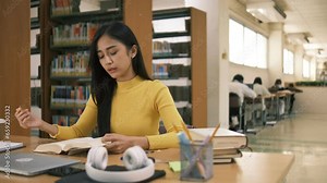 Asian student girl sitting at table looking book while do homework with laptop making video call abroad using internet friend connection, happy mood smiling broadly in library